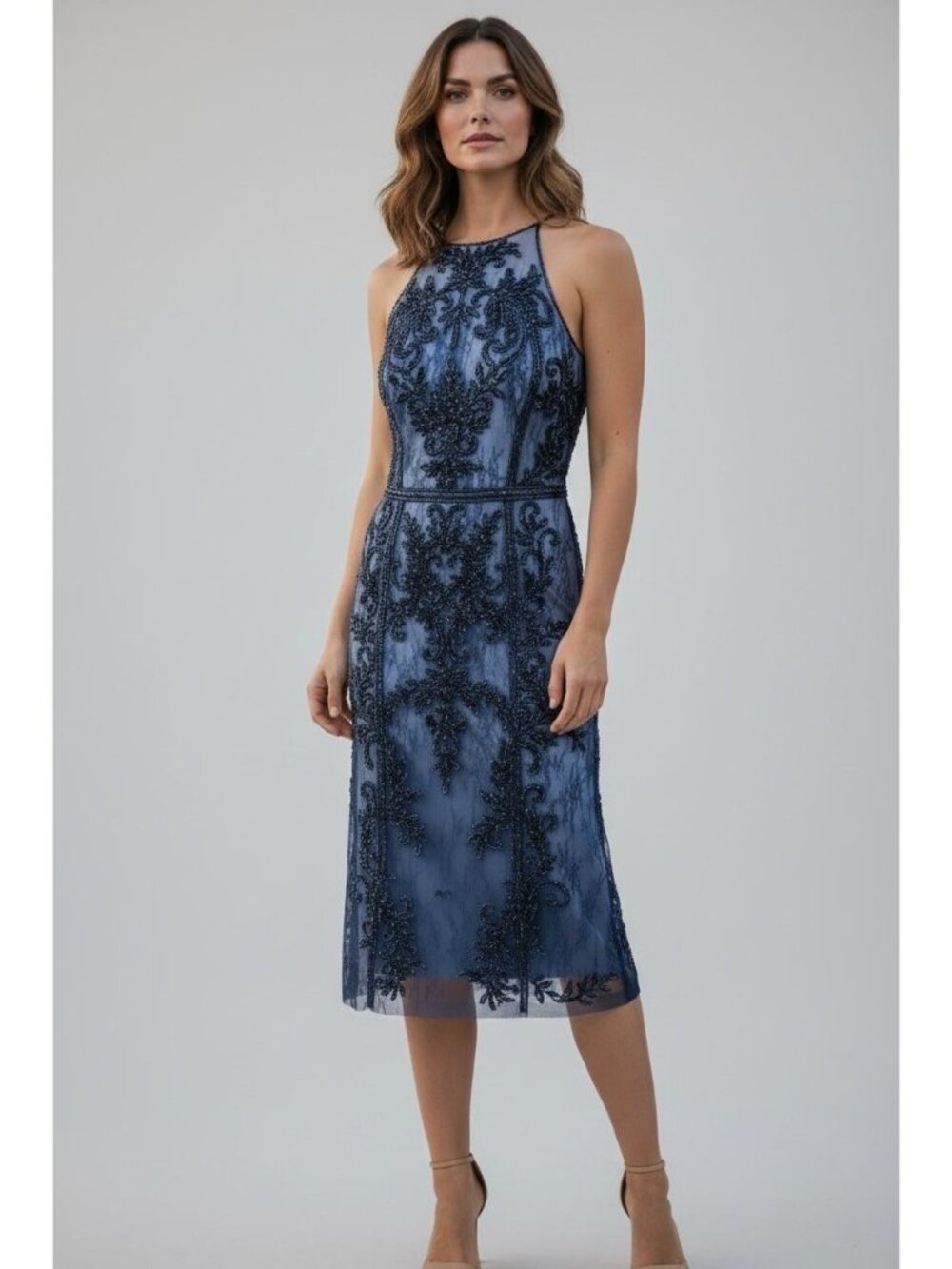 Andrea & Leo Couture Navy Beaded Lace Cocktail Dress NWT Size 10 Midi Formal